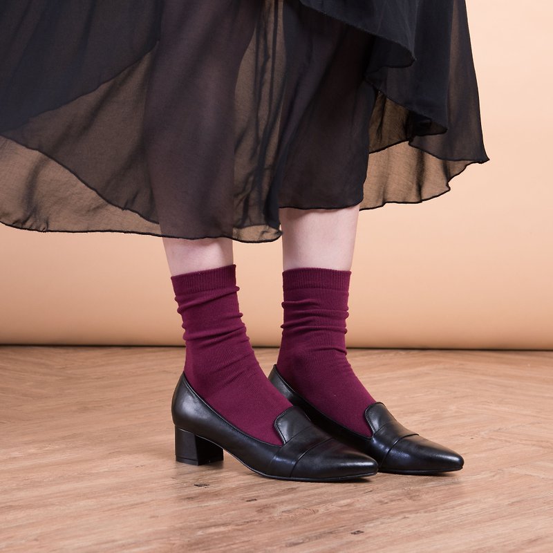 [Texture Original] Retro Scorched Thick Heel Loafers-Shiny Pure Black - รองเท้าอ็อกฟอร์ดผู้หญิง - หนังแท้ สีดำ