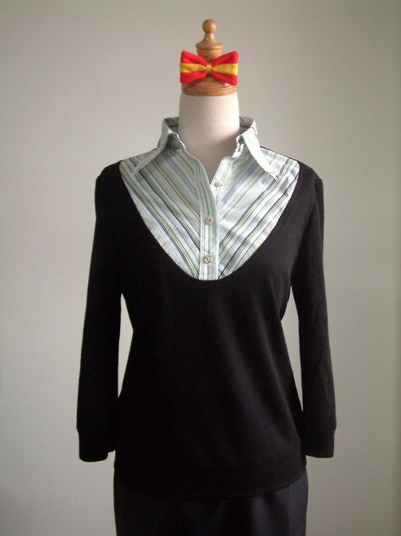 Shirt-collar spliced three-quarter sleeve knit sweater - สเวตเตอร์ผู้หญิง - วัสดุอื่นๆ สีน้ำเงิน