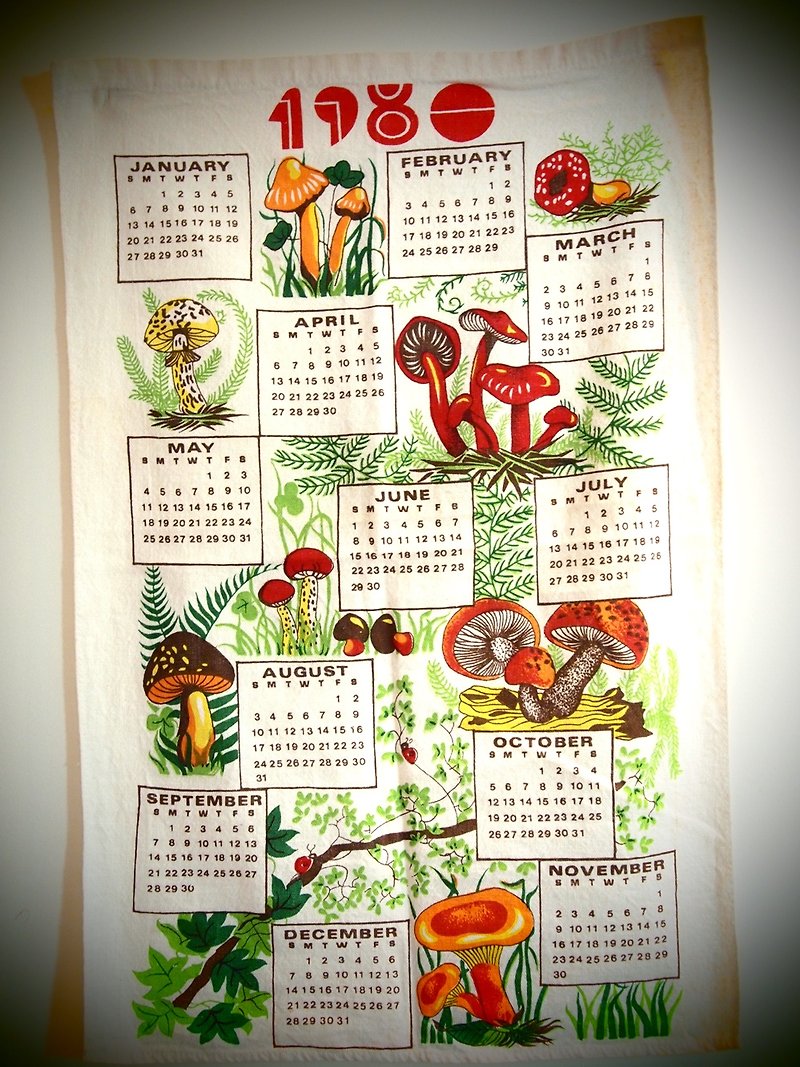 1980 美國早期布面月曆 蘑菇mushroom - 壁貼/牆壁裝飾 - 其他材質 多色