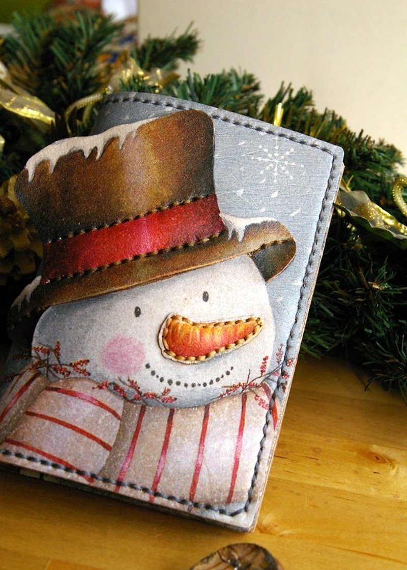 Snowman-handmade leather passport holder - ที่ใส่บัตรคล้องคอ - หนังแท้ สีแดง