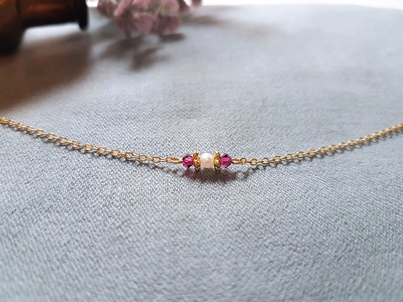 Baroque‧Antique Magenta Crystal Pearl Thin Bracelet - สร้อยข้อมือ - ไข่มุก สึชมพู