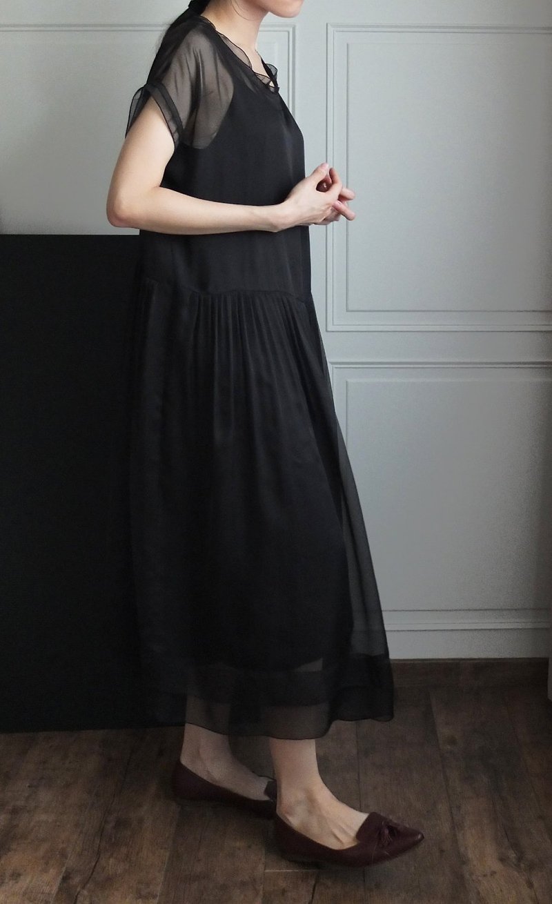 半透紗寬鬆娃娃長洋裝 - 洋裝/連身裙 - 其他材質 黑色