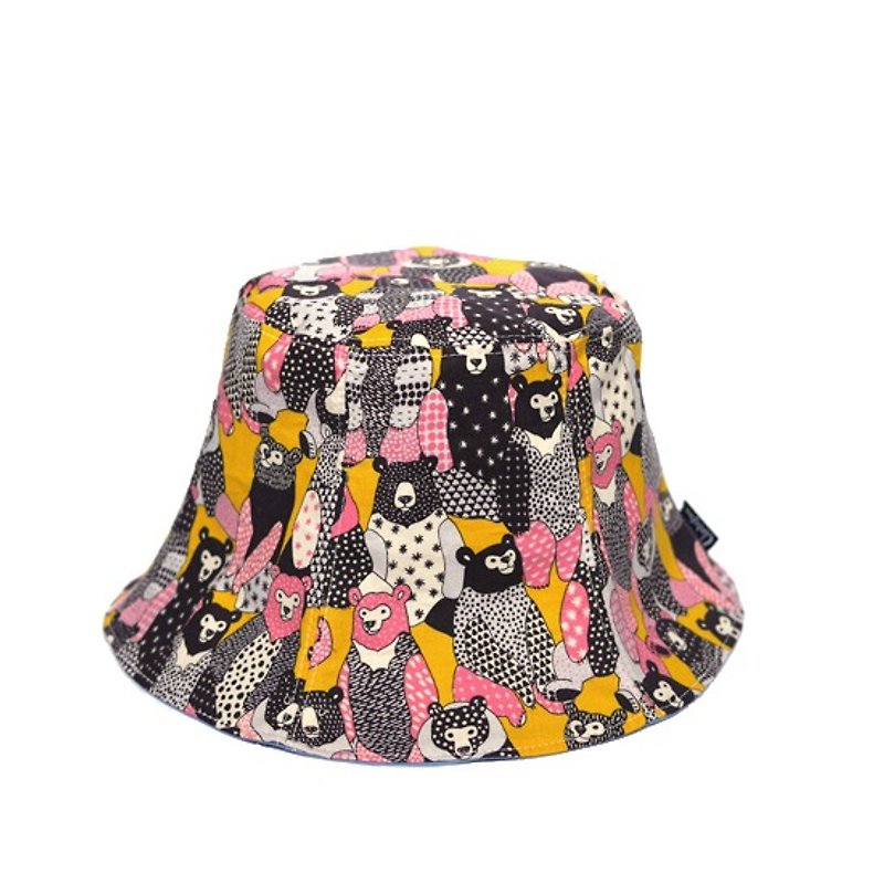 夏日．熊出沒! 粉彩亮黃幾何拼接點點熊雙面六片盆帽 - 帽子 - 其他材質 粉紅色