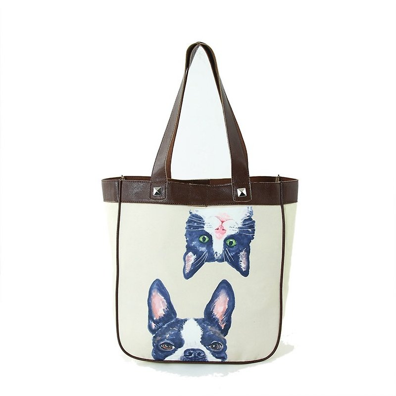 Sleepyville Critters - dog v.s. cat Fabric Tote Bag - Messenger Bags & Sling Bags - Other Materials Khaki
