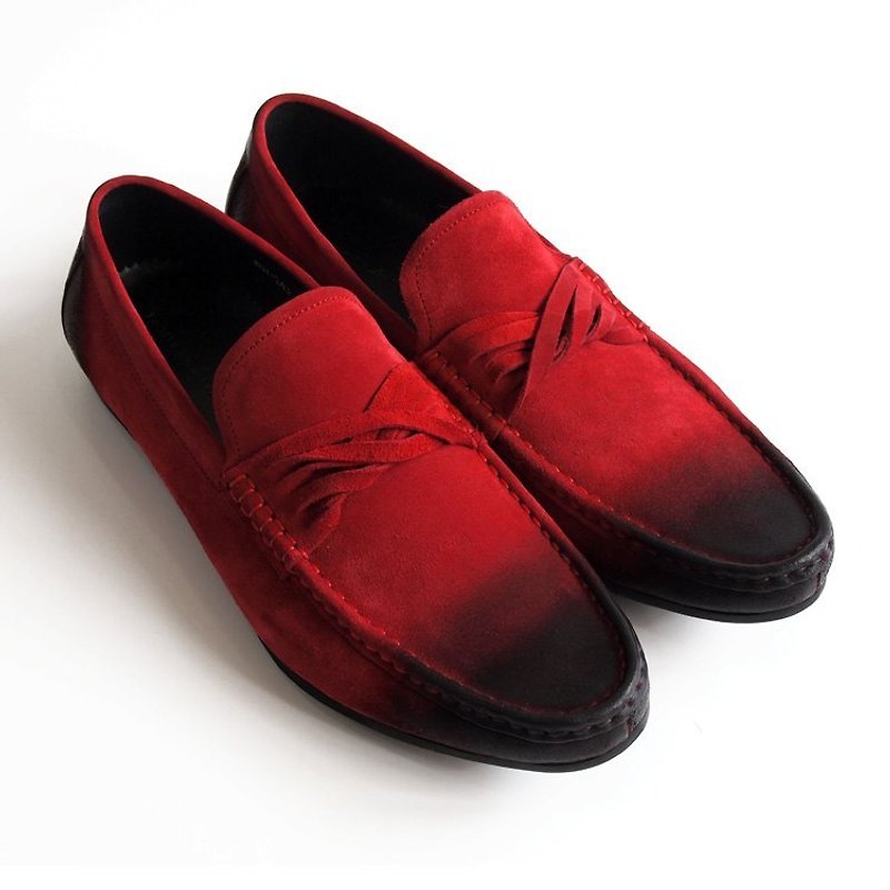 [LMdH]C2B09-79小牛皮磨砂皮手工上色扭結平底樂福鞋‧紅色‧免運費 - รองเท้าลำลองผู้ชาย - หนังแท้ สีแดง