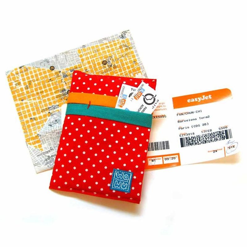 WaWu 護照套 (紅色點點)/旅行證件小包/隨身筆記布書套 - 護照夾/護照套 - 棉．麻 紅色