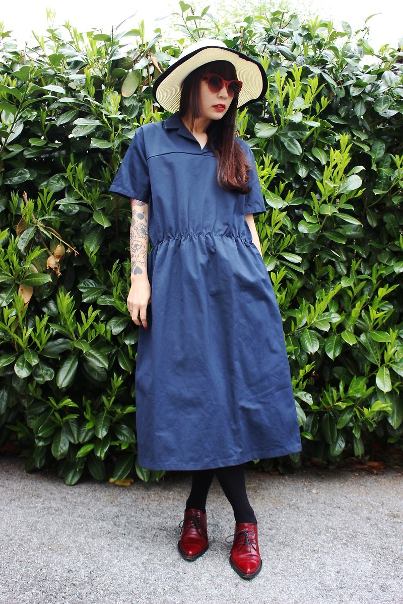F947 (Vintage) girl in a dark blue short-sleeved overalls texture vintage dress - One Piece Dresses - Other Materials Blue