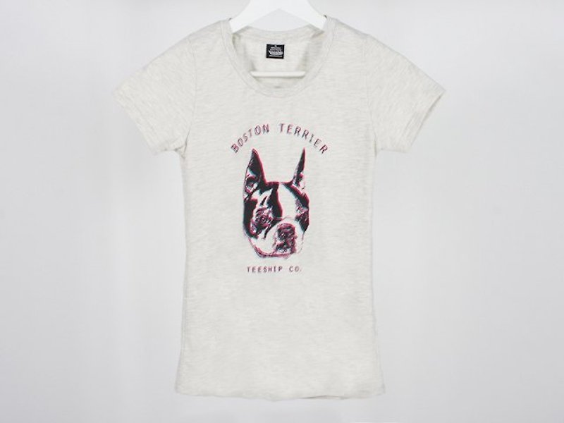 3D Boston Boston Terrier Girl - เสื้อยืดผู้หญิง - ผ้าฝ้าย/ผ้าลินิน สีเทา