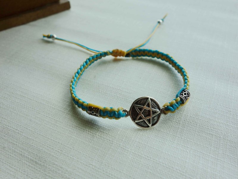 ~ M + Bear ~ pentacle pentagram star of I 925 sterling silver bracelet braided silk thin wax Bracelet - Bracelets - Other Metals Blue