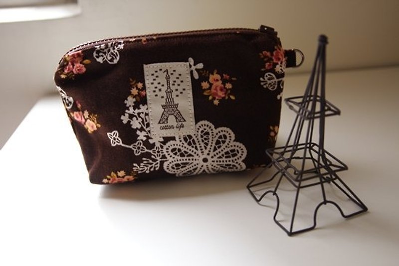 Toiletry Bag, Makeup Pouch, Zipper Cosmetic Pouch, Cosmetic Bag, Brown & Flower - Coin Purses - Cotton & Hemp Brown
