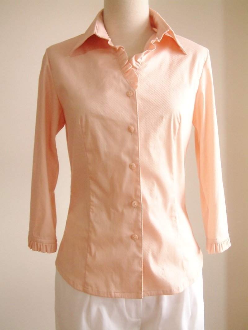 小荷葉邊七分袖襯衫-深粉橘 - 女襯衫 - 其他材質 橘色