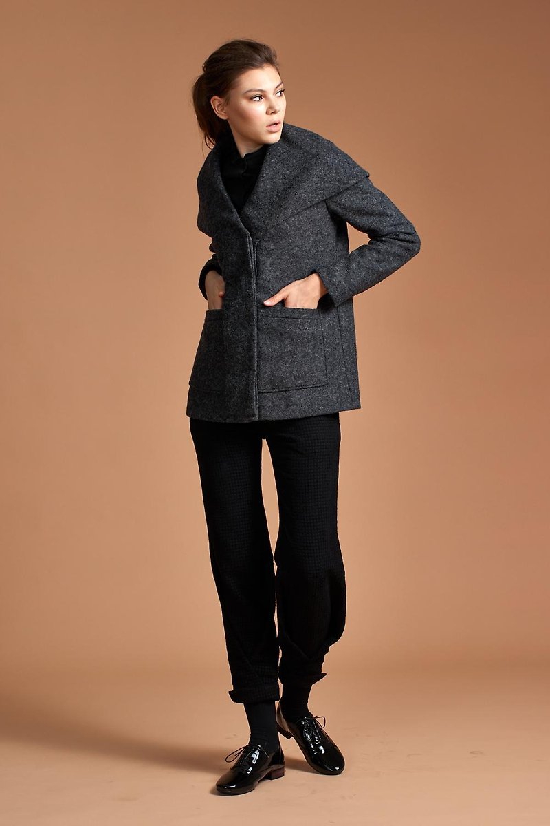 [Seasonal Sale] Dark Grey Wool Lapel Shawl Jacket - เสื้อแจ็คเก็ต - ขนแกะ สีเทา