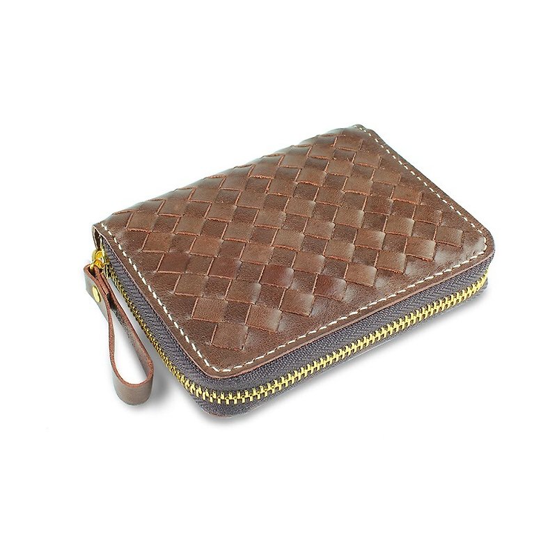 Italian plant tanned leather hand-woven zipper short clip - Wallets - Genuine Leather Brown