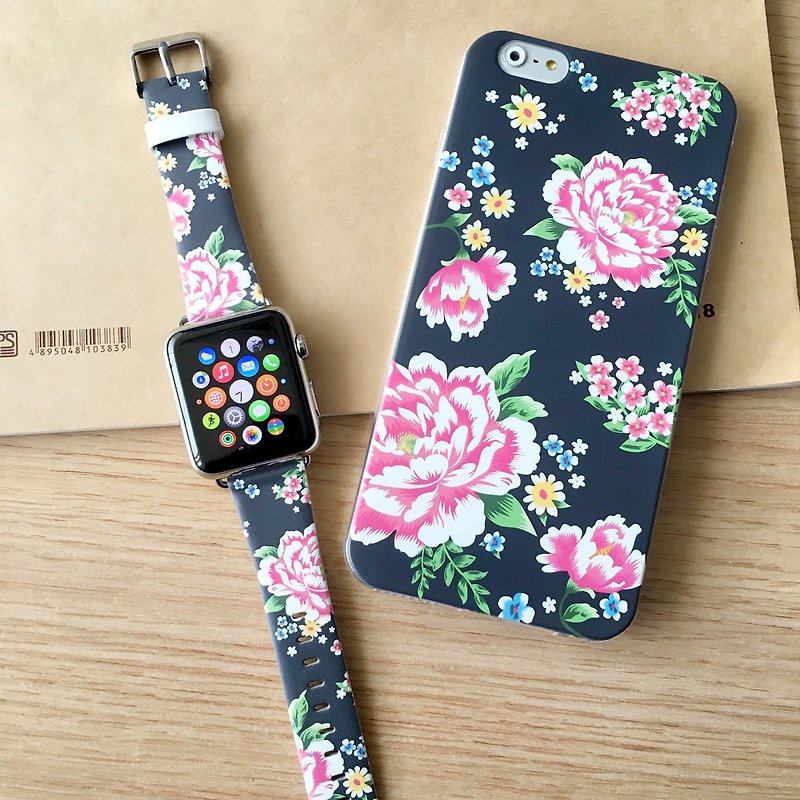[Gift Packaging] Apple Watch Series 1 and Series 2 - Hong Kong Style Chinese Flower Deep Blue Patten Soft / Hard Case + Apple Watch Strap Band - อื่นๆ - พลาสติก 