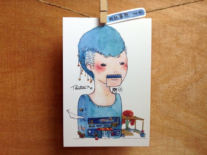 私の夢。イラストポストカード - カード・はがき - 紙 ブルー