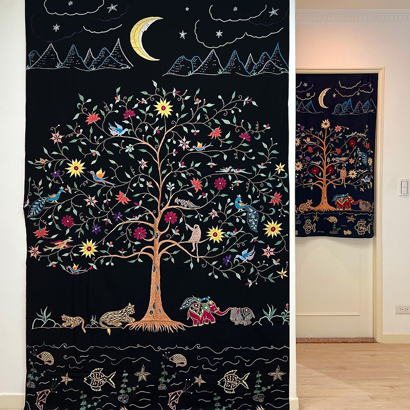Tree of Life_Dark Night_Embroidered Hanging Cloth / Door Curtain_Fair Trade - โปสเตอร์ - ผ้าฝ้าย/ผ้าลินิน สีดำ