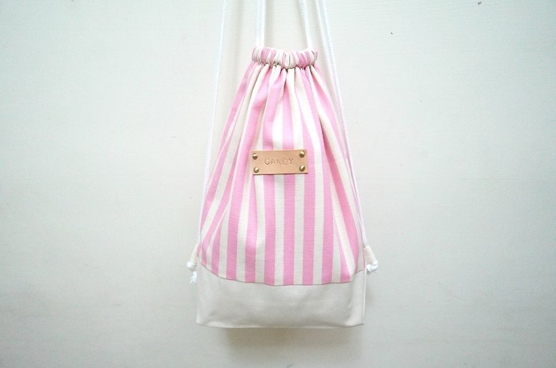 Wen Qing style pink stripes series (after beam port backpack) / Get a free print name leather standard - Drawstring Bags - Other Materials Blue