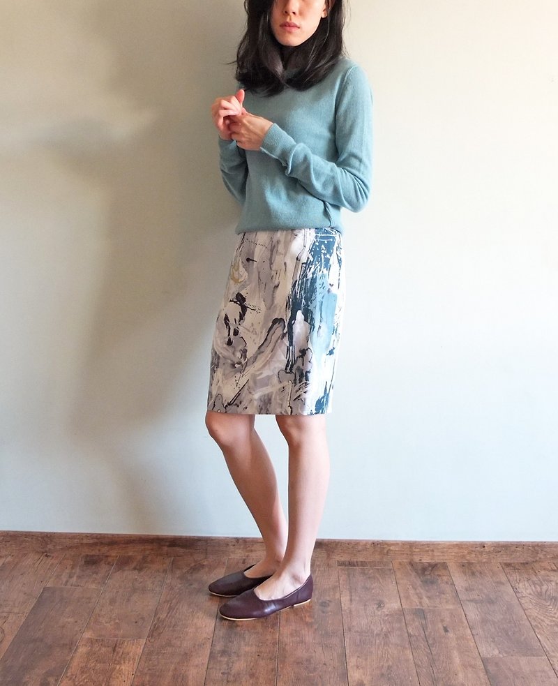 ecume skirt 蠶絲藍綠色調抽像水墨印花一字裙 剩1-2件 - 裙子/長裙 - 絲．絹 