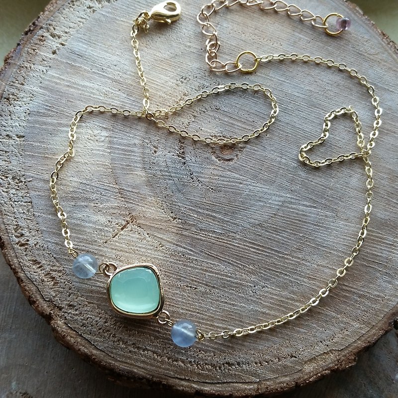 Green glass with a light blue fluorite gold plated necklace - Necklaces - Paper Blue