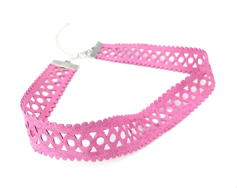 粉色花紋粗版頸鍊 - 項鍊 - 真皮 粉紅色