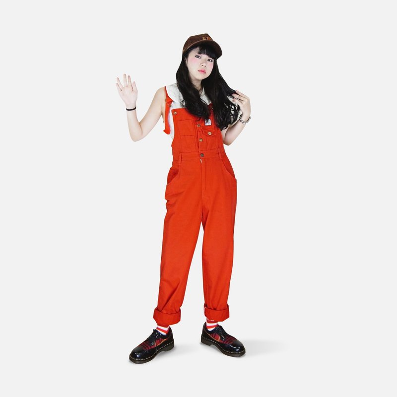 A‧PRANK: DOLLY :: vintage denim jeans with red suspenders trousers VINTAGE - จัมพ์สูท - ผ้าฝ้าย/ผ้าลินิน สีแดง