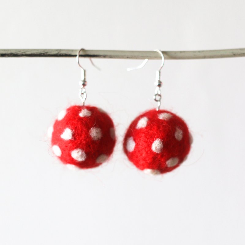 White spots on red Amanita muscaria texture good luck earrings earrings handmade wool felt needle felt - Earrings & Clip-ons - Wool Red