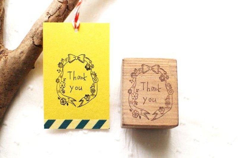 【好評加售】緞帶＋小花「Thank you」木頭印章 - 印章/印台 - 木頭 咖啡色