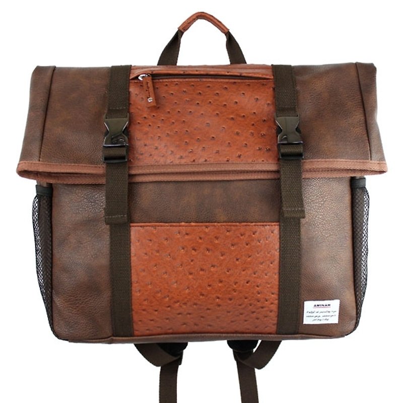 AMINAH-Classic square leather back brown[am-0260] - กระเป๋าเป้สะพายหลัง - หนังเทียม สีนำ้ตาล
