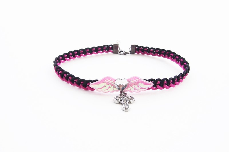 Pink lace choker / necklace with pink angel wing and cross charm. - Necklaces - Other Materials Black
