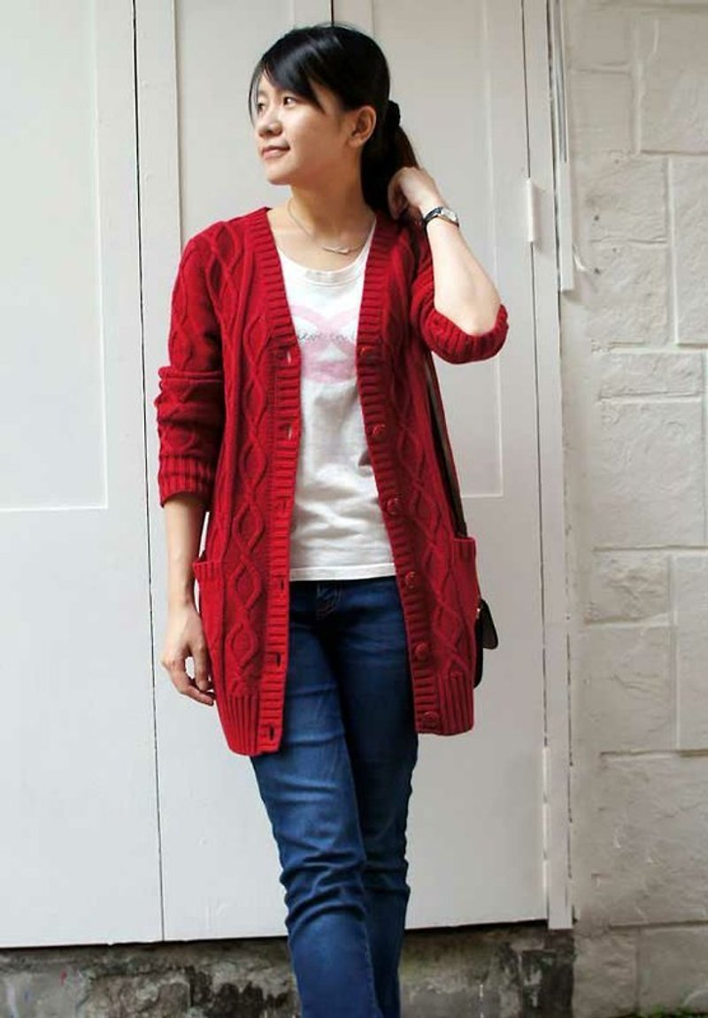 Georgia Tsao // Red Cable Knit Jacket - เสื้อแจ็คเก็ต - วัสดุอื่นๆ สีแดง