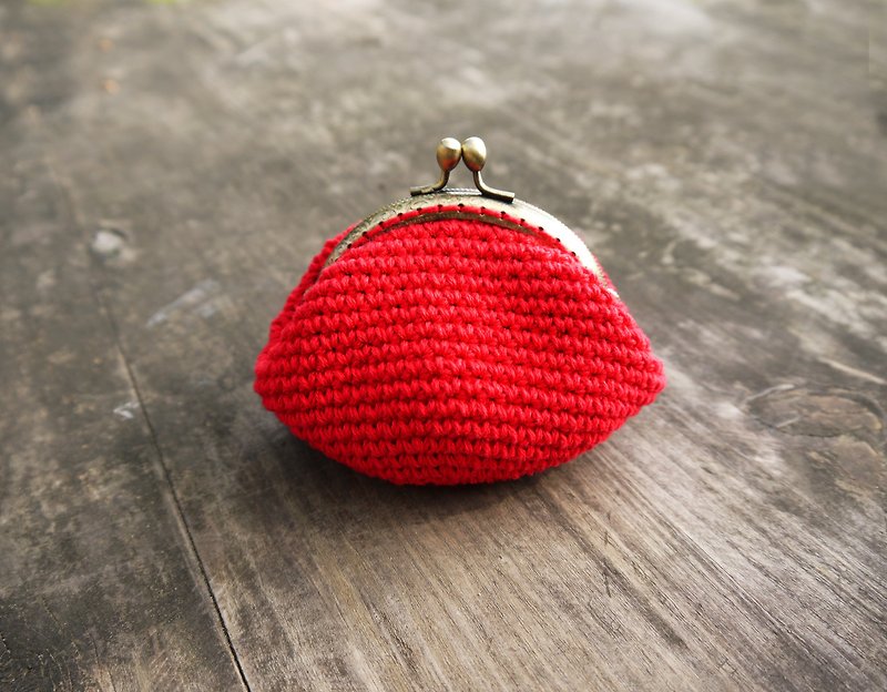 Minibobi手織-小紅包/青銅小巧口金包/零錢包-暖紅/新年/禮物 - 長短皮夾/錢包 - 棉．麻 紅色