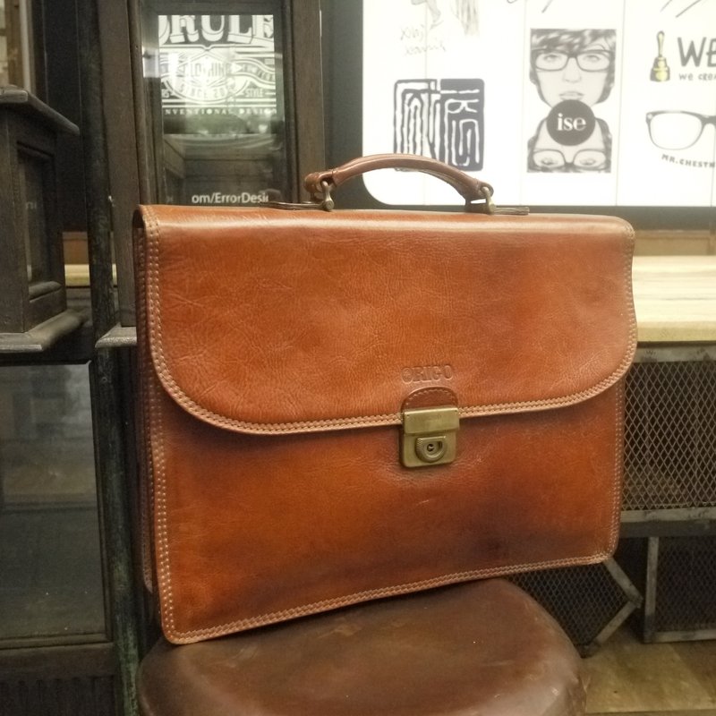 夕卡 Shika // Vintage bag ORIGO 義製經典牛皮公事包 {A3-121} - 公事包 - 真皮 橘色