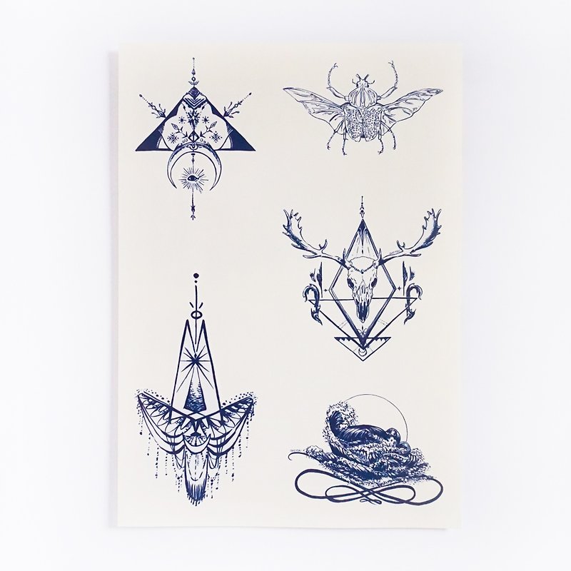 手繪藝術風刺青紋身貼紙 鹿 骷髏 甲蟲 海浪 鍊金術 三角 波希米亞｜LAZY DUO - 紋身貼紙 - 紙 藍色