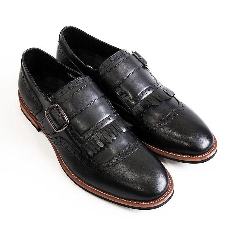 【LMdH] C1B03-99カーフレザータッセルは、単一のバックルの靴ムンク黒ローファー‧‧送料無料で木材を刻ん - オックスフォード靴 メンズ - 革 ブラック