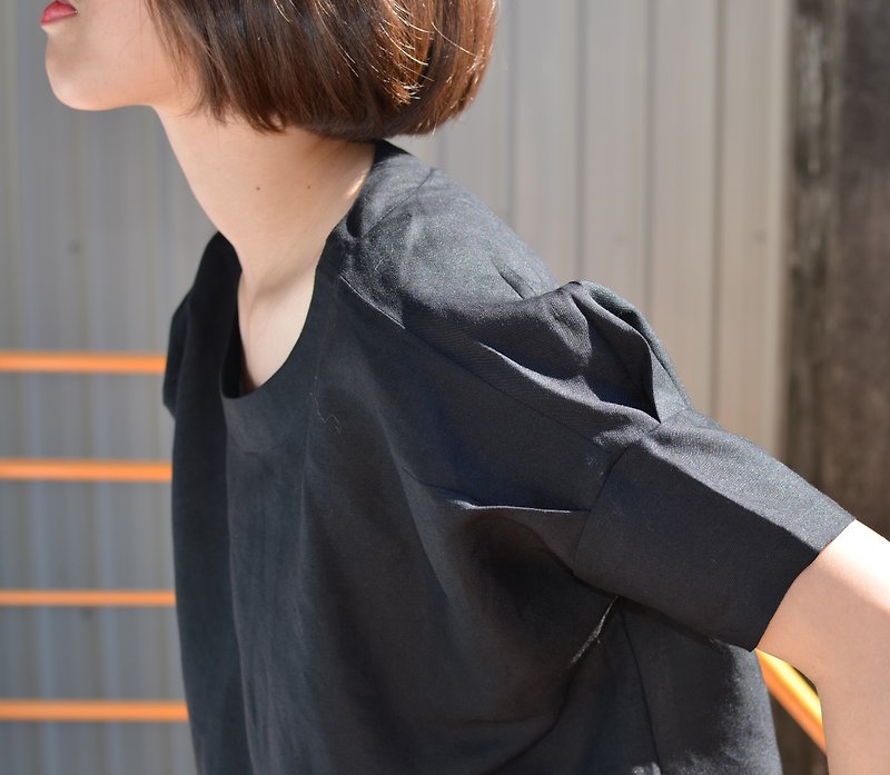 [HIKIDASHI] Tencel Linen blouse off rotator cuff black - Women's Tops - Cotton & Hemp Black