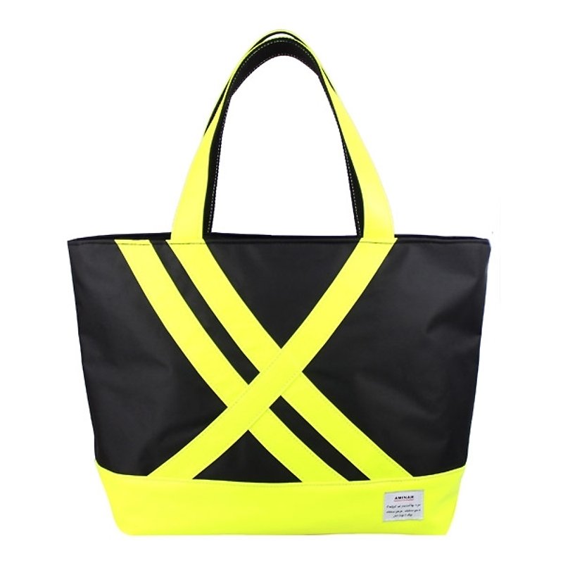 AMINAH- Neon Yellow Black Shoulder Bag【am-0252】 - กระเป๋าถือ - เส้นใยสังเคราะห์ สีดำ