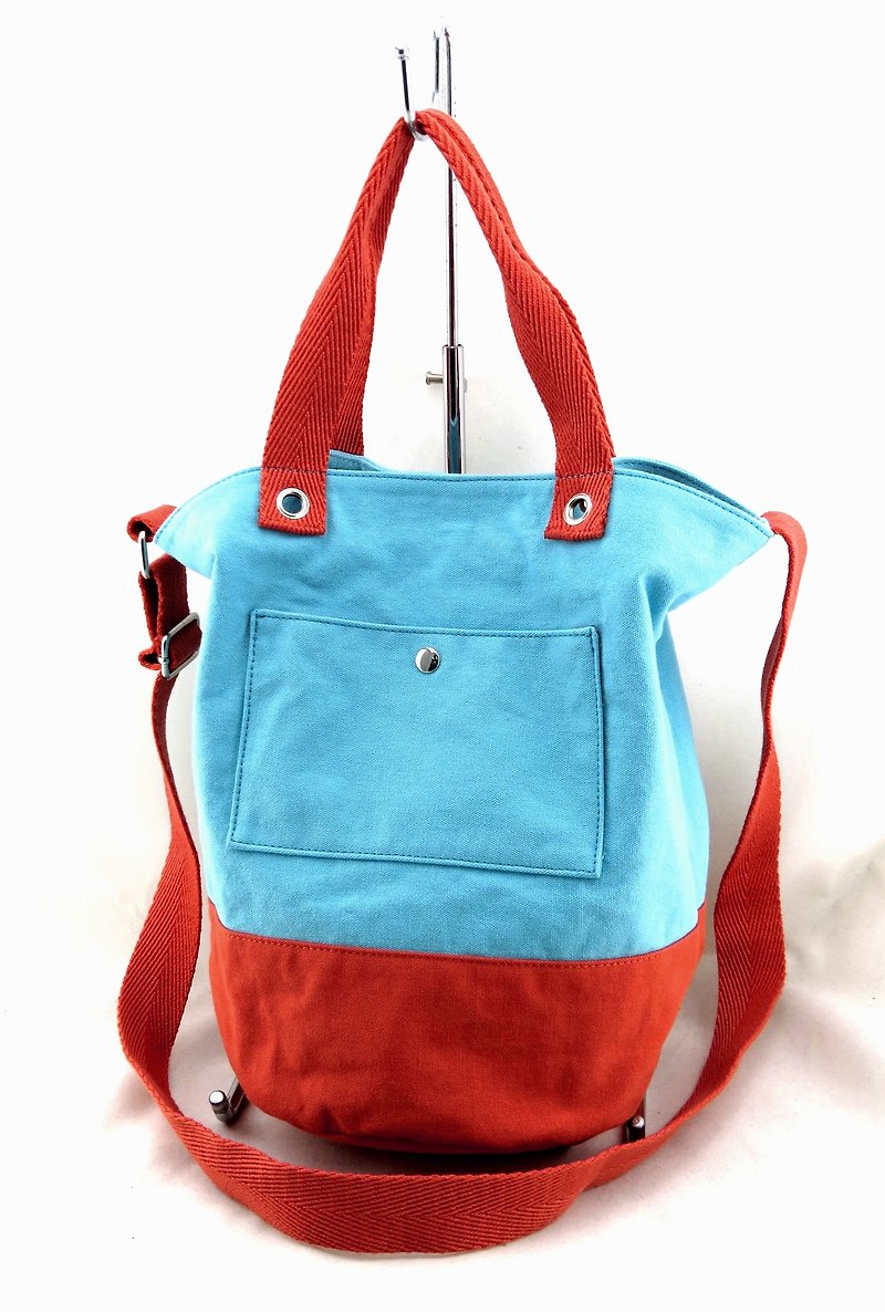 LOVE CANVAS Canvas Bucket Bag with Shoulder Strap-Lake Blue/Orange - Messenger Bags & Sling Bags - Other Materials Orange