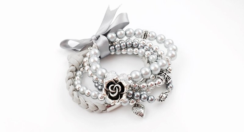 〈聖誕節組合〉銀白綜合珍珠 x 銀管編繩 - 手鍊/手環 - 其他材質 白色