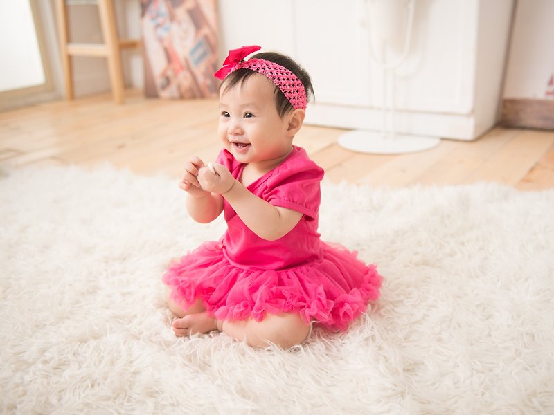 Baby Girl Chiffon Puff Skirt Jumpsuit- Peach Barbie (Short Sleeve) - ชุดทั้งตัว - ผ้าฝ้าย/ผ้าลินิน สึชมพู