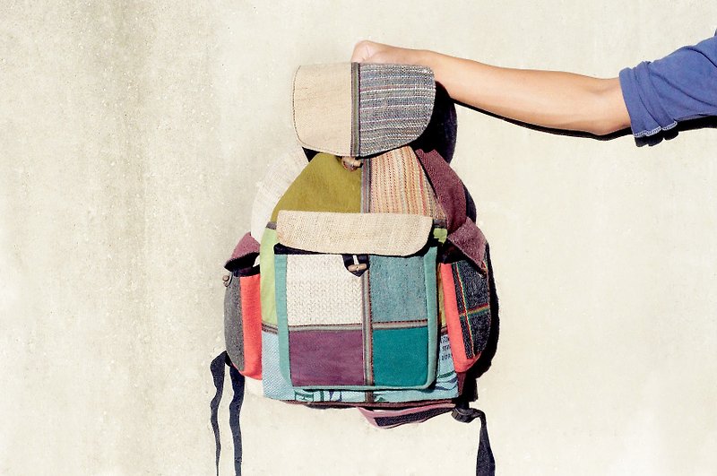 Limited hand-stitching design cotton / knitted fabric backpack after - HEMP Blues geometric mosaic - กระเป๋าเป้สะพายหลัง - วัสดุอื่นๆ หลากหลายสี