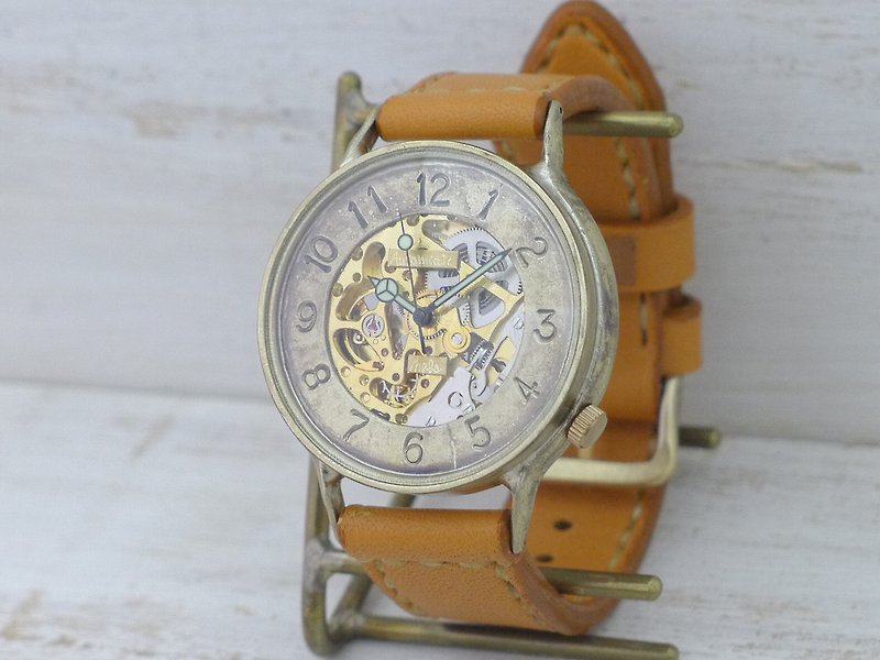 手作り時計 HandCraftWatch 自動巻きBrass 特大JUMBO42mm ローマ数字 手縫いベルト (BAM041 GD/CA手縫) - 腕時計 - 銅・真鍮 ゴールド