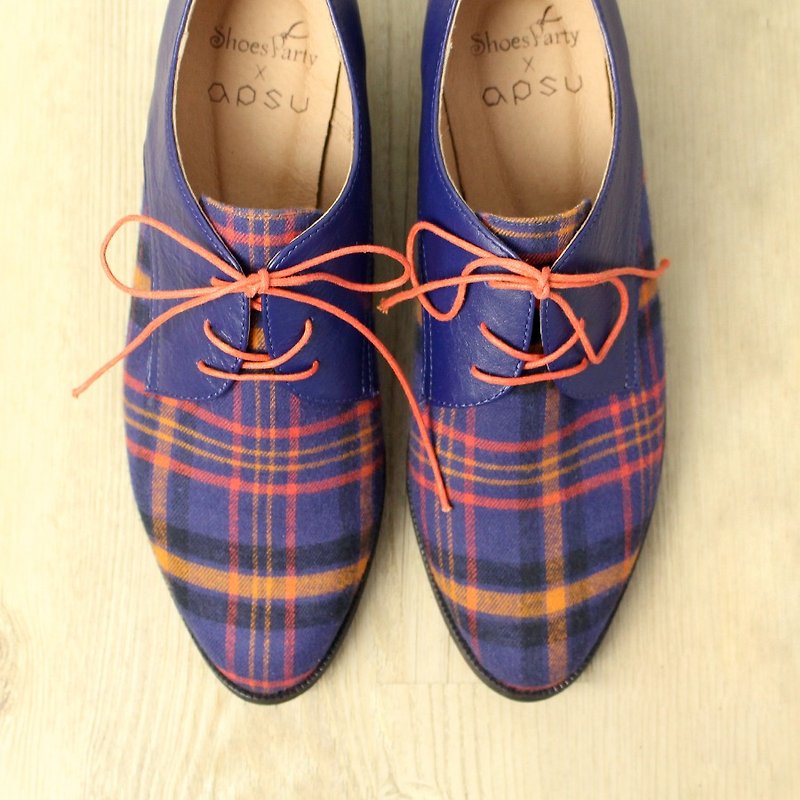 [24.5] Memory Spot No. grandpa tie Patchwork Plaid Derby shoes / handmade custom / Japanese cloth - รองเท้าลำลองผู้หญิง - วัสดุอื่นๆ 