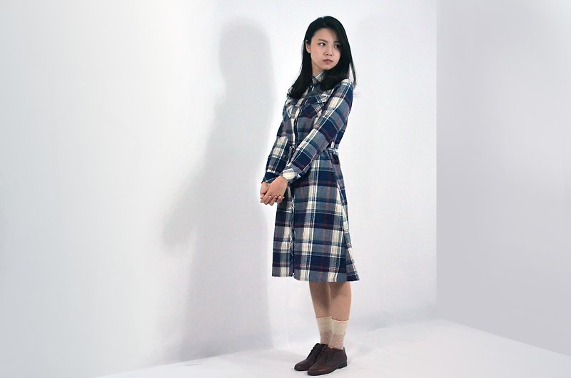 humming-Plaid Drawstring Shirtdress / Blue and white checkered - One Piece Dresses - Other Materials Blue