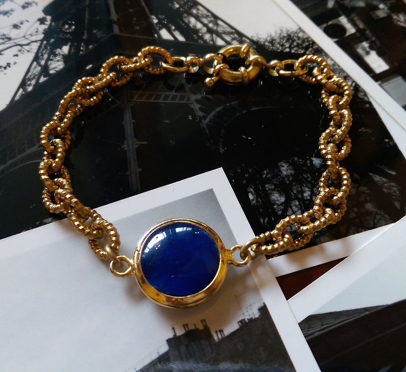 里加系列-寶藍色天然石黃銅手鍊 - สร้อยข้อมือ - เครื่องเพชรพลอย สีน้ำเงิน
