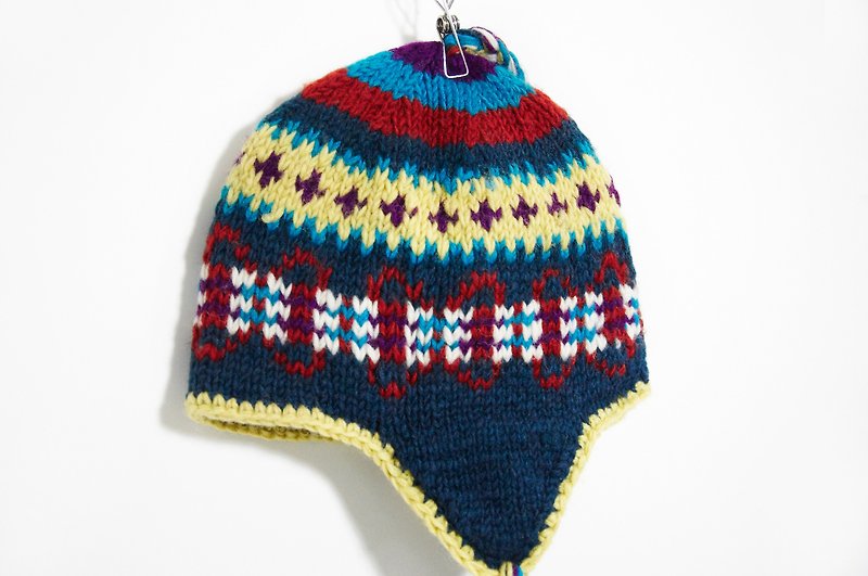 Valentine's Day handmade knit wool hat / hand-knit cap within the bristles / flight caps / knitting caps / wool cap - yellow & blue geometric patterns Wind Eastern Europe (handmade limited one) - หมวก - วัสดุอื่นๆ หลากหลายสี