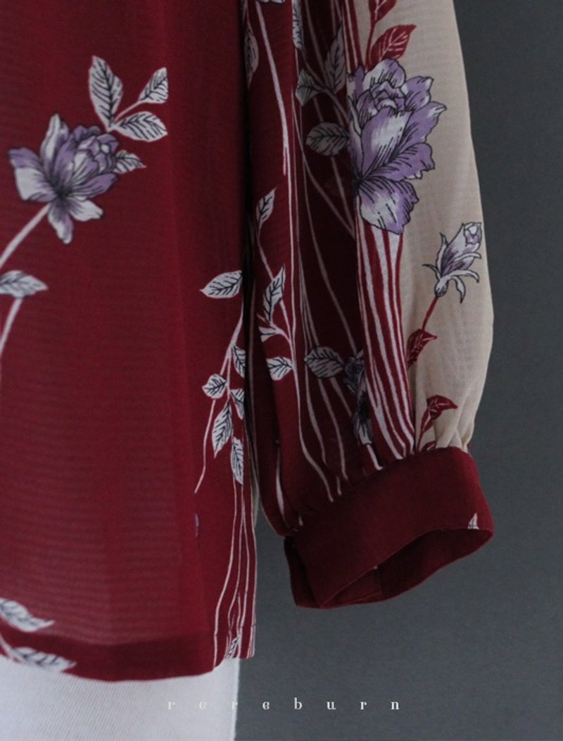 [RE0909T1274] early autumn red leaf flowers old vintage loose shirt - เสื้อเชิ้ตผู้หญิง - วัสดุอื่นๆ สีแดง