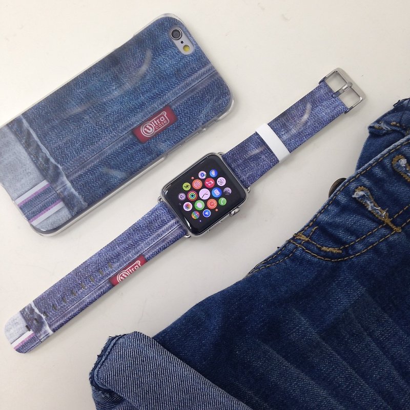 Faux Blue Jean Printed on Leather watch band for Apple Watch Series 1-5 Fitbit - สายนาฬิกา - หนังแท้ สีน้ำเงิน
