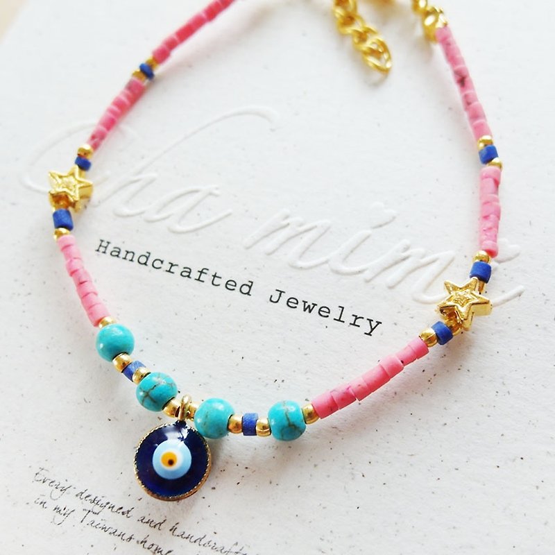 Cha mimi. From the Aegean Sea. Greece blue evil eye natural stone charm bracelet - pink peach - สร้อยข้อมือ - วัสดุอื่นๆ สึชมพู