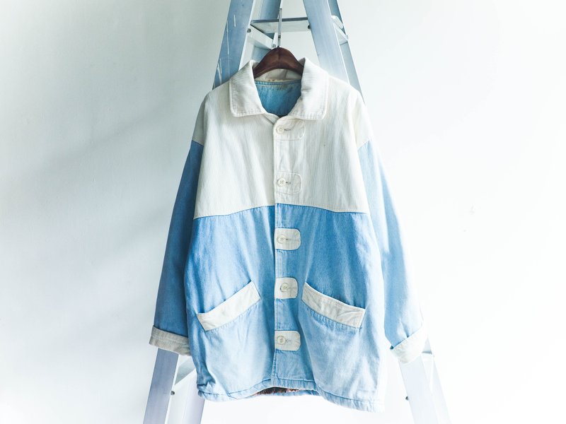 River Hill - Towers flannel soft tannins antique ice cream shop pound cotton lapel jacket vintage denim neutral oversize vintage denim - เสื้อแจ็คเก็ต - ผ้าฝ้าย/ผ้าลินิน สีน้ำเงิน