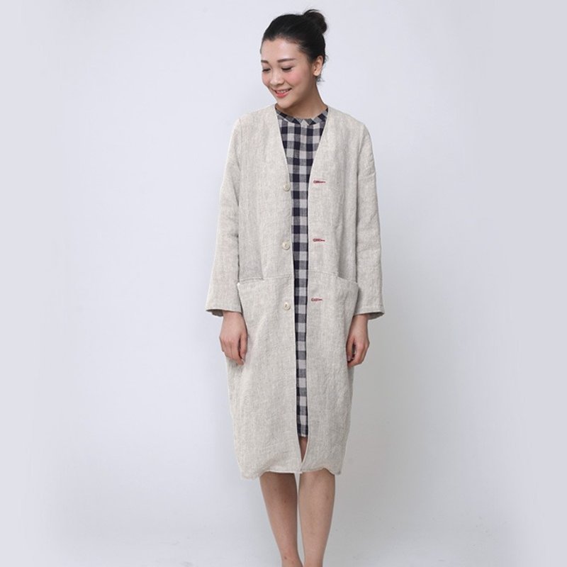 BUFU  Pure colour linen boyfriend coat  O150101 - ジャケット - コットン・麻 カーキ